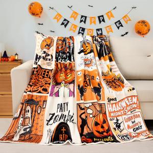 Halloween Throw Blanket Funny Flannel Ghost Pumpkin Blankets Ultra Soft Cool Trick or Treat Blanket Vintage Black Cat Spooky Bed Couch Cover Warm Plush Gifts Blankets for Adults Kids 60" X 80"