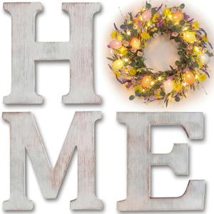 Novabright 18" Lighted Easter Home Sign Wall Decor, 4 Pcs Extra Large 15.7" Wood HOME Letters with Easter Egg Wreath for O, Farmhouse Wall Art for Entryway Mantel Spring Indoor Decorations Gift