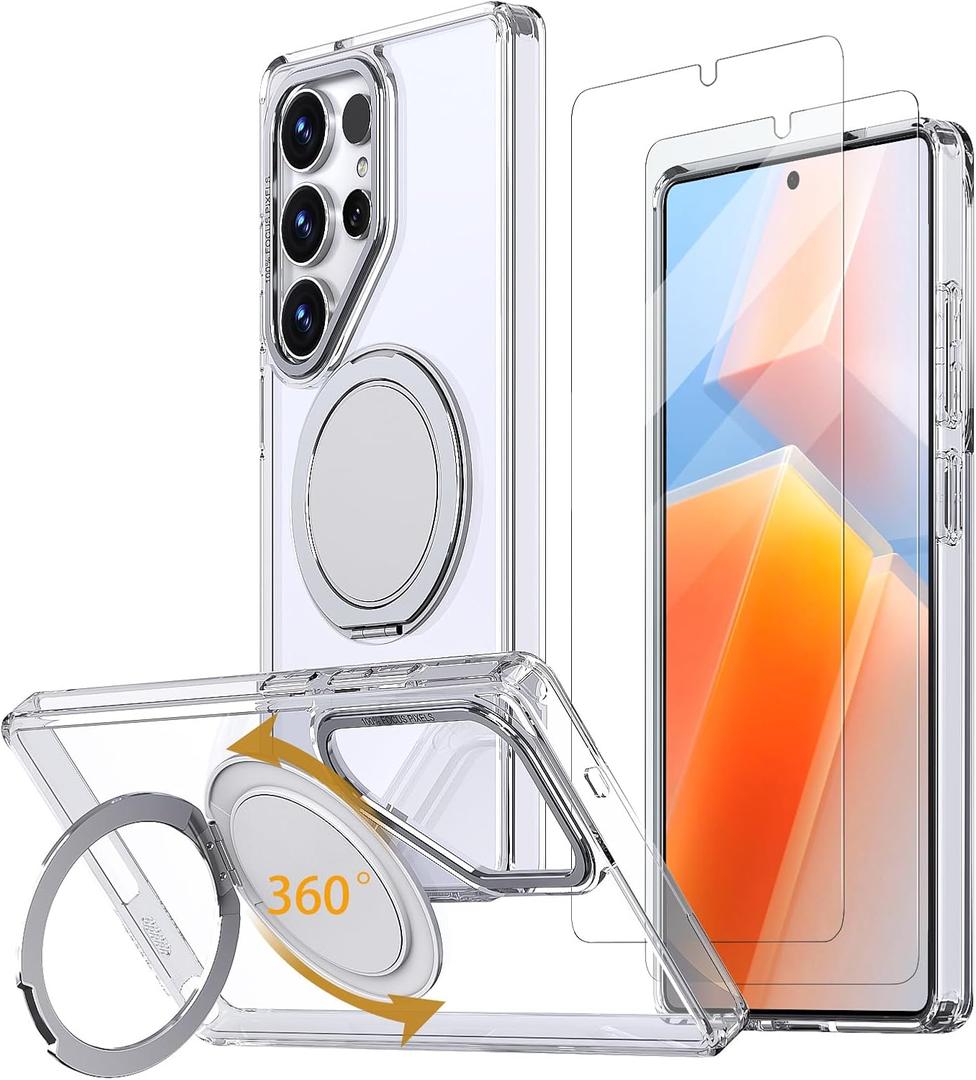 for Samsung Galaxy S25 Ultra Case with 360 Magnetic Stand, Compatible with MagSafe, with 2 Tempered Glass Film, Military-Grade Drop Shockproof Phone Case with Kickstand, Clear