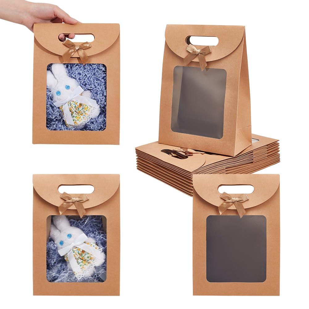 NBEADS 12 Pcs Tan Kraft Paper Bags, Stand Up Gift Bags with Handles and Transparent Window for Candy Cookies Packaging Wedding Christmas Party Store Retail, 10.433.5810.24"