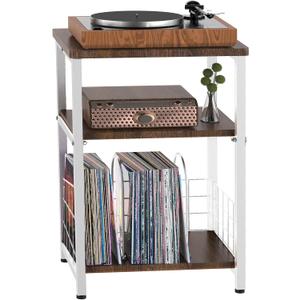 Record Player Stand, 3 Tier Side End Table with Vinyl Record Storage Basket, Turntable up to 100 Albums Record Shelf Display Holder Cabinet for Living Room, Bedroom, Office, White