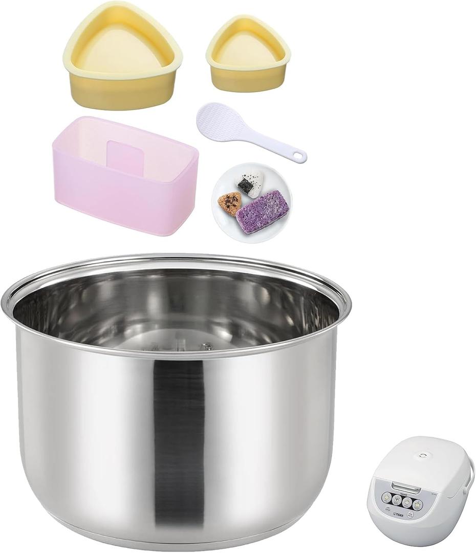 Rice Cooker 5.5 Cup Inner Pot Replacement for Tiger JBV-A10U Inner Pot, 304 Stainless Steel Durable Inner Bowl, Even Heating for Perfect Rice, Easy to Clean (Pots & 3Pcs Onigiri Mold Set)
