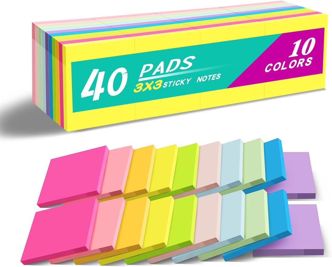 2 x (40 Pads) Sticky Notes 3x3 in,Bright Colors Notepads,Colorful Stickies,Super Sticking Power,Memo Note Pads,Post on Windows Doors,Office,School,Strong Adhesive,Recyclable,Easy to Write on,Hold Well