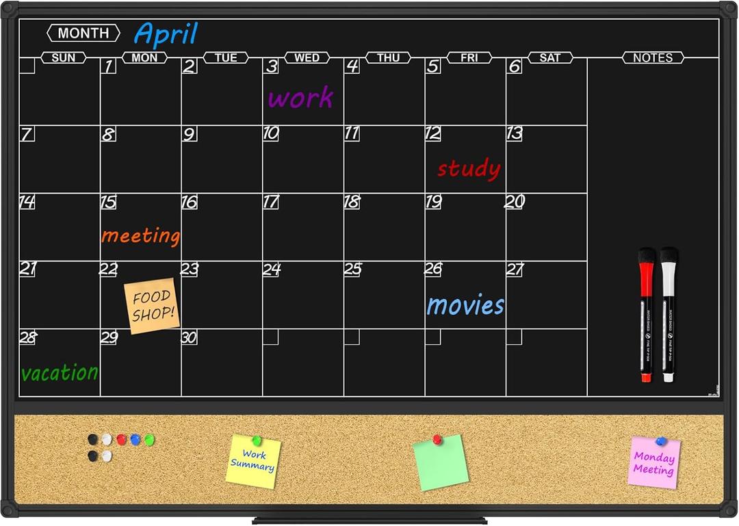 JILoffice Magnetic Black Calendar Dry Erase Board & Bulletin Board Combo, 36 x 24 Inch Dry Erase Board for Liquid Chalk Markers, Black Aluminum Frame for Office Home and School with 10 Push Pins