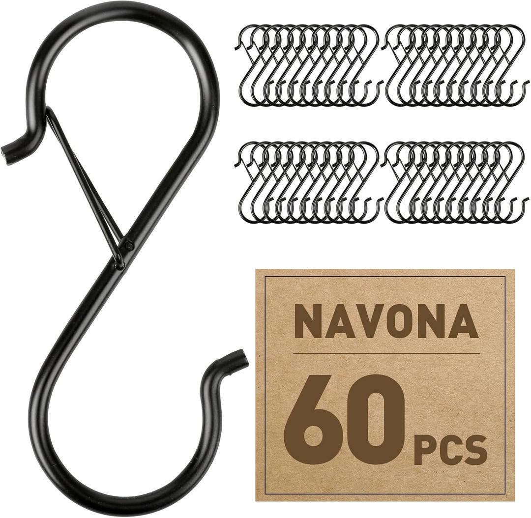Navona 60 Pcs S Hooks for Hanging Heavy Duty, 3.5-inch Heavy Duty Metal S Hook with Safety Buckle, Suitable for 0.5 inch Rods, S Hook for Hanging Plants, Closet, Kitchen Utensil, Pot, Pan, Bags