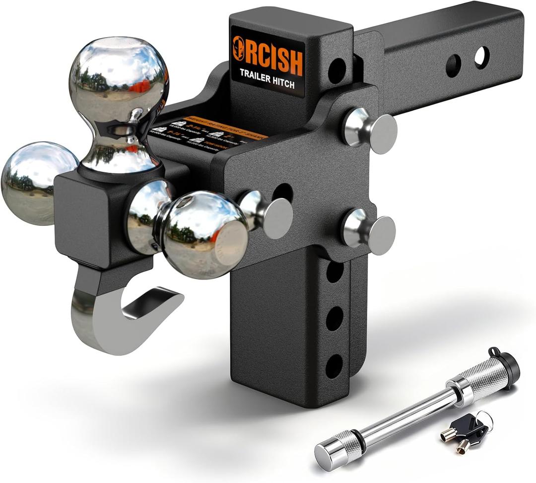 Adjustable Trailer Hitch, 360° Swivel Tri Ball Mount with Tow Hook & Lock
2" Receiver Tow Hitch with 5" Drop/Rise, Heavy Duty Rotating Drop Hitch Rated 15,000 LB GTW, 1-7/8", 2" & 2-5/16" Ball Sizes