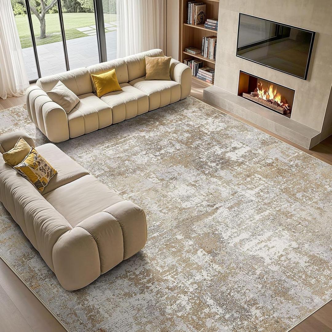 Tortania Washable 9x12 Area Rug for Living Room: Modern Abstract Neutral Large Soft Thin Rugs - Non Slip Indoor Carpet for Bedroom Dining Room Office Nursery Home Floor Decoration - Brown Grey