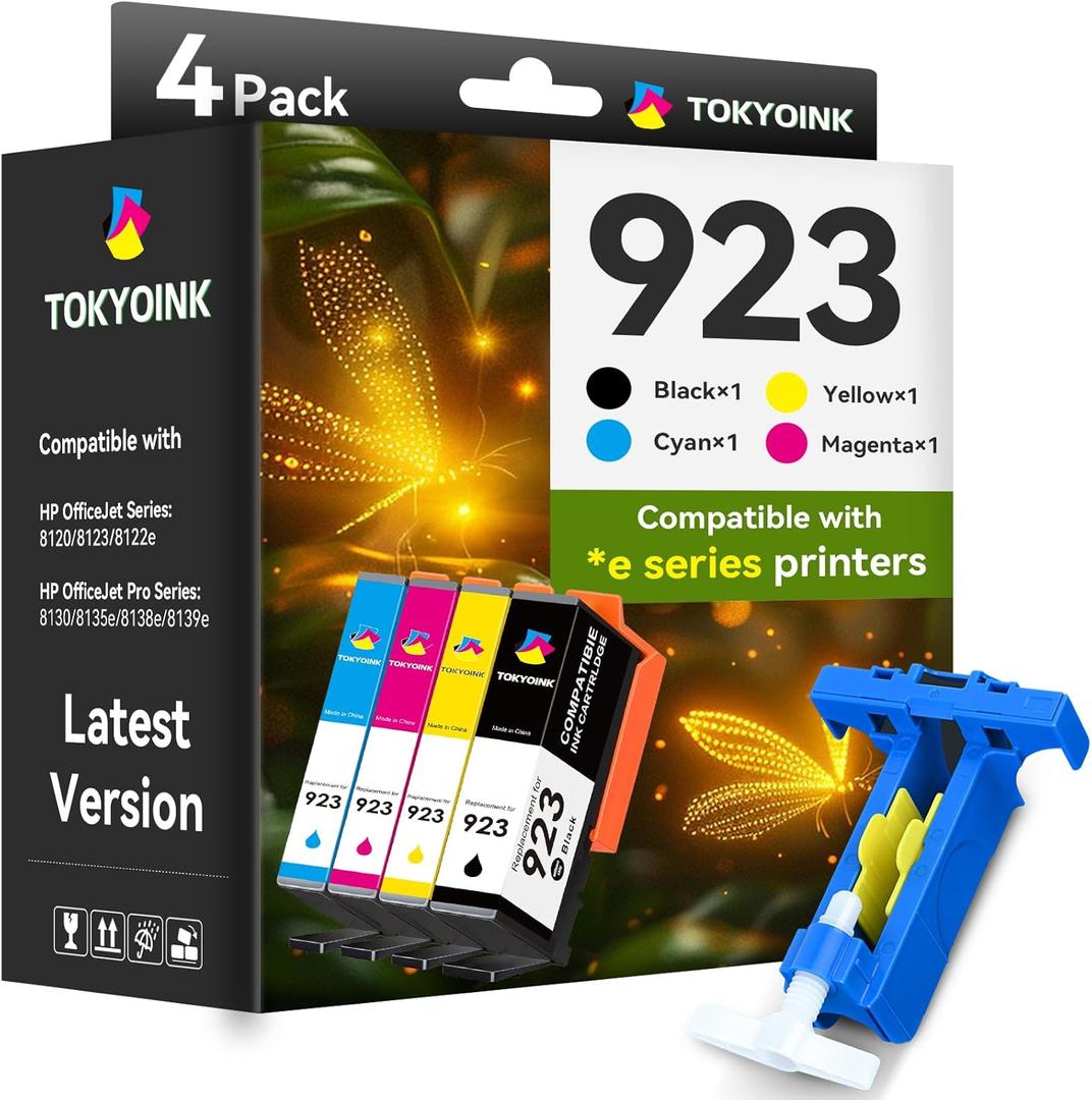 TOKYOINK 923 Ink Cartridges Combo Pack Replacement for HP 923 Ink Cartridges Work for OfficeJet Pro 8120 8122 8122e 8123 8124 8125 8130 8132 8134 8135e 8138e 8139e Printer Without Chip (4 Pack)