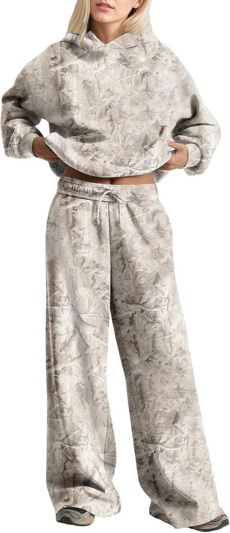 Women 2 Piece Lounge Outfits Camo Hoodies Sweatpants Sets Maple Leaf Print Hooded Sweatshirt Sweatpants Tracksuits (X-Large, Khaki Green)