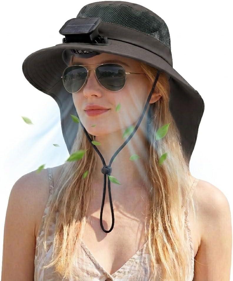 Short Brim Sun Hat with 1 Solar Fan & Neck Flap for Men Women UPF 50+ Outdoor for Garden Fishing Beach Essential (Black)