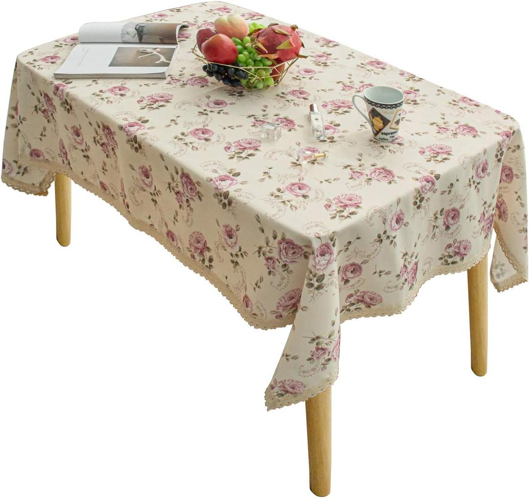Floral Print Rectangle Tablecloth 52 x 70 Inch Stain Resistant and Waterproof Table Cover for Kitchen Dining Indoor Outdoor Buffet Tabletop Decoration (Beige) (Clr 010 Beige)