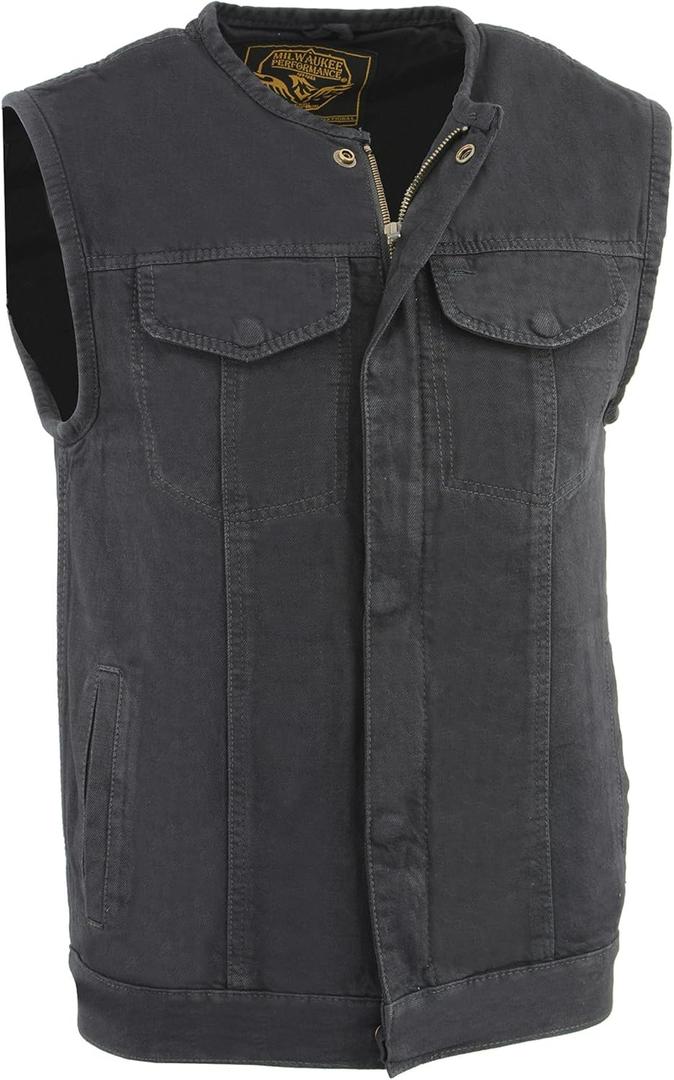 Milwaukee Leather Mens Denim Collarless Hidden Zipper MC Vest, Black MDM3001 (XLarge)