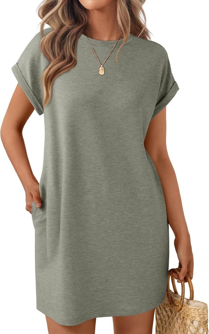 LILLUSORY Womens Summer Casual Short Sleeve T Shirt Dress 2025 Spring Vacation Beach Mini Sundress Loose Clothes with Pockets (Small, Grey)