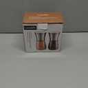 LessMo Salt and Pepper Grinder Set with Wooden Standing Tray, Refillable Pepper Mill Set - Brushed Stainless Steel - Short Glass Shakers with Adjustable Coarseness for Peppercorn, Salt or Spice Mills