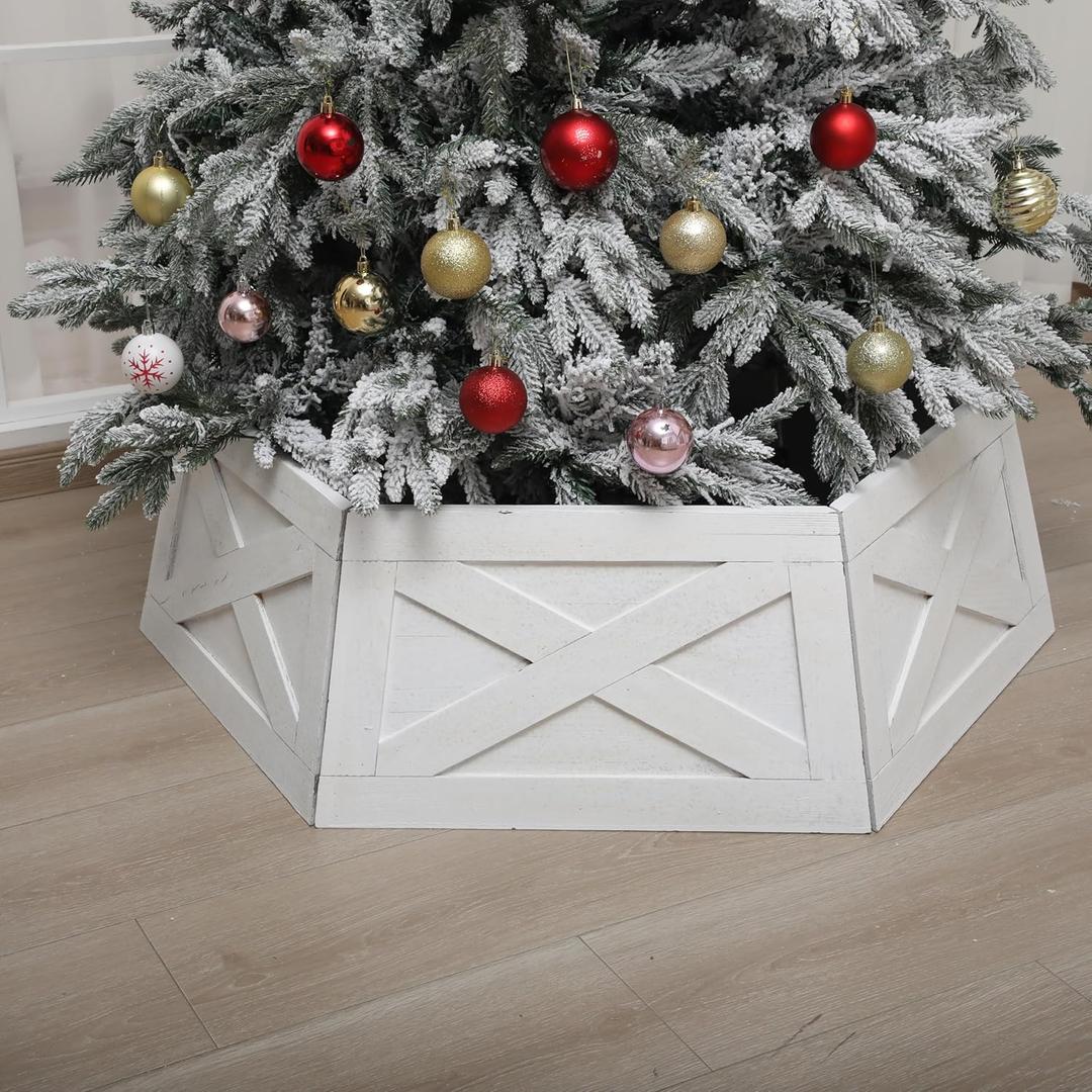 40" Wood Christmas Tree Collar, XL Hexagon Xmas Bottom Cover, Rustic Vintage Skirt for 7.5-11 ft Christmas Tree, Wooden Xmas Oversized Holiday Decor for Home Festive Party(White,X)