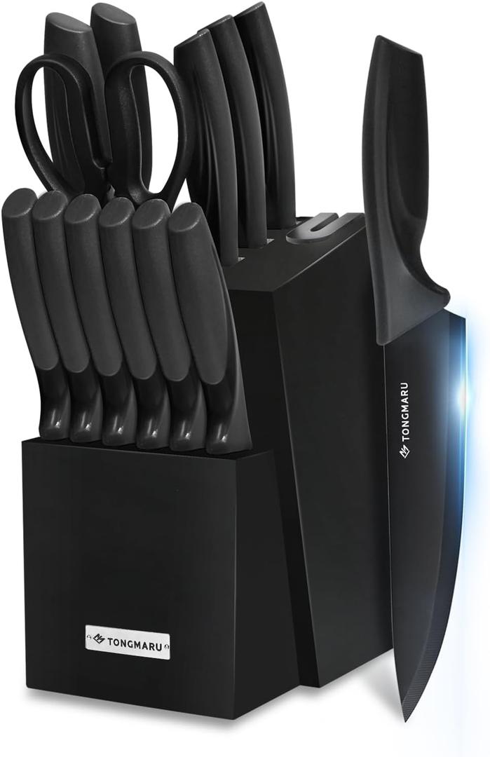 Knife Set with Sharpener  15 pcs High Carbon Stainless Steel Knives Block Set, Stainless Steel Knife Set, Built-in Sharpener Kitchen Knife set, With Anti slip and Ergonomic Handles (Black)