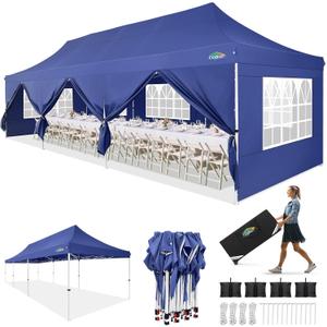 COBIZI 10x30 Pop up Canopy with 8 Removable Sidewalls, Outdoor Gazebos Waterproof Commercial Tents for Parties Wedding, with Upgrade Raised Top Cover and Roller Bag, with 4 Sandbags(Black) (Deep Blue)