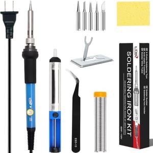 LDK Soldering Iron Kit Electronics, [Upgraded] Full Set 60W 110V Adjustable Temperature Welding Tool, Soldering Pen with 5pcs Different Tips, Stand, Tweezers, Sponge, Flux Pen, Solder Wire