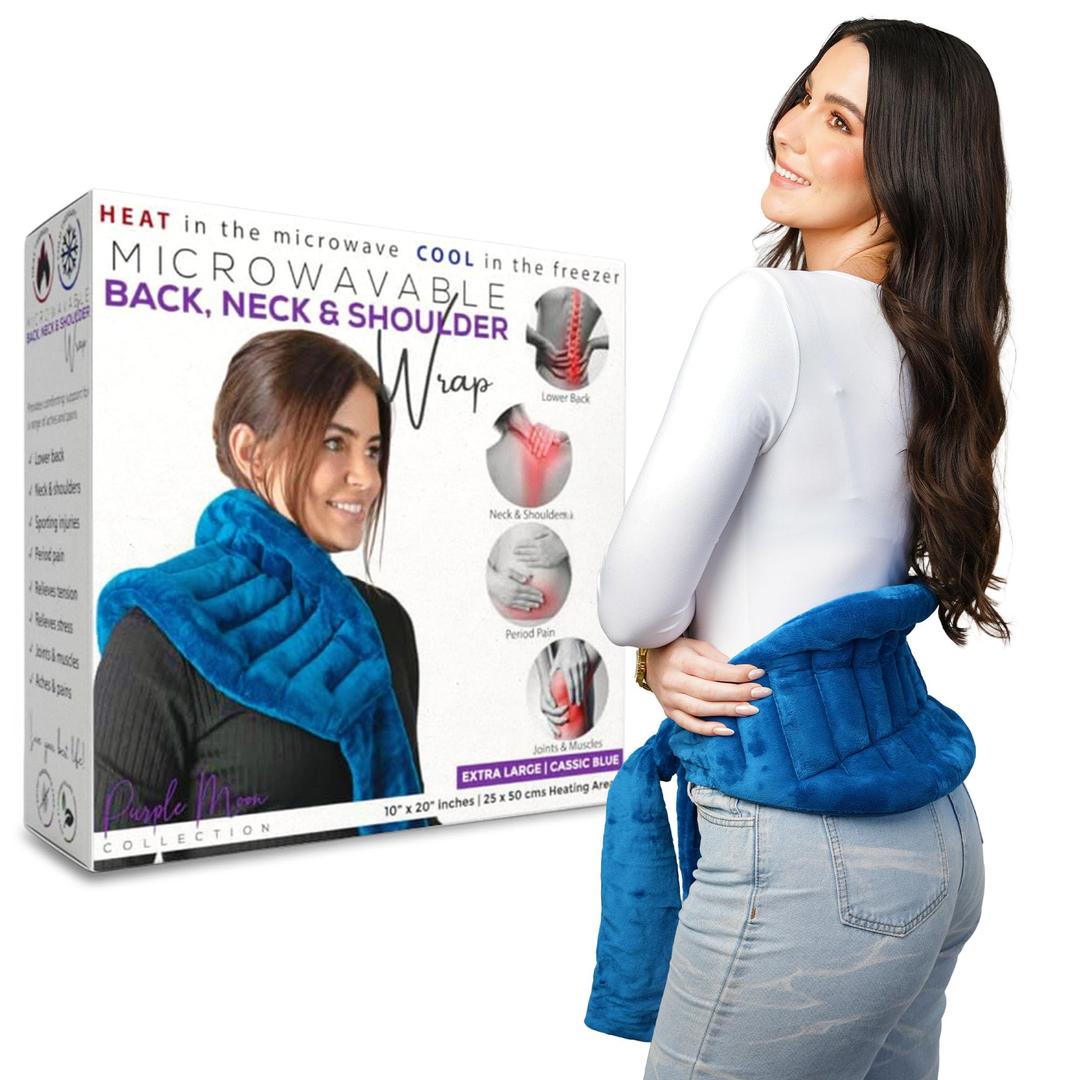 Purple Moon Collection - Wearable Heating Pad with Straps - Extra Large, Blue - Microwavable Heat Pack for Back, Neck, Shoulders Pain Relief - Moist Hot/Cold Therapy Body Wrap for Menstrual Cramps