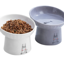 OMAYKEY 6.5 Inch Extra Wide Ceramic Raised Cat Bowl Set, Tilted Elevated Cat Bowls for Food and Water, Prevent Whisker Fatigue, Stress Free, Less Vomiting, Protect Spine, White & Grey