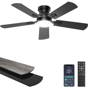 Ohniyou Ceiling Fans with Lights, 42 Inch Low Profile Ceiling Fan with Light and Remote/APP Control, Flush Mount, Dimmable, Qiuet DC Motor, Black Small Indoor Ceiling Fan for Bedroom, Kitchen