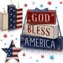 Cinnvoice 7 Pcs Patriotic Table Decorations 4th of July Tiered Tray Decor 250th Anniversary God Bless American Centerpiece Red White Blue Wood American Block Sign with Bow for Home(Independence Day)