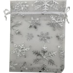 SUNGULF 50pcs Organza Pouch Bag Drawstring 5"x7" 13x18cm Strong Gift Candy Bag Jewelry Party Wedding Favor (White Snowflake)