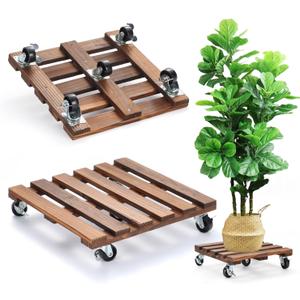 2 Pack Plant Stand with Wheels, 12" Rolling Plant Stand 264 LBS Heavy Duty Wooden Square Plant Caddy with Metal 360 Lockable Caster Wheels for Outdoor Indoor Large Plant Pots, Flower Pot, Patio