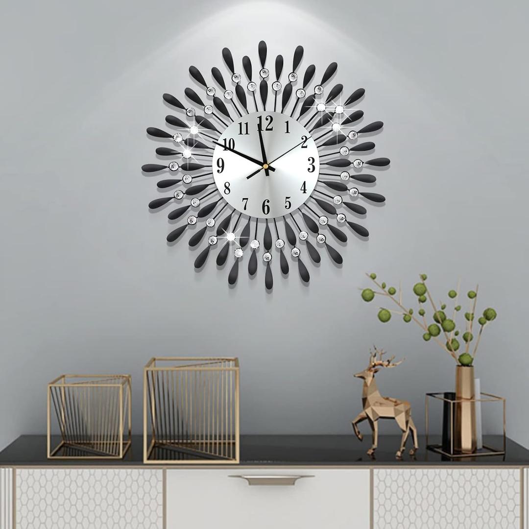 19.7 INCH Black Wall Clock for Living Room Decor,Non-Ticking Quiet Metal Petals Dial Glass Big Wall Clocks Black for Bedrooms Kitchen and Small Space Decoration