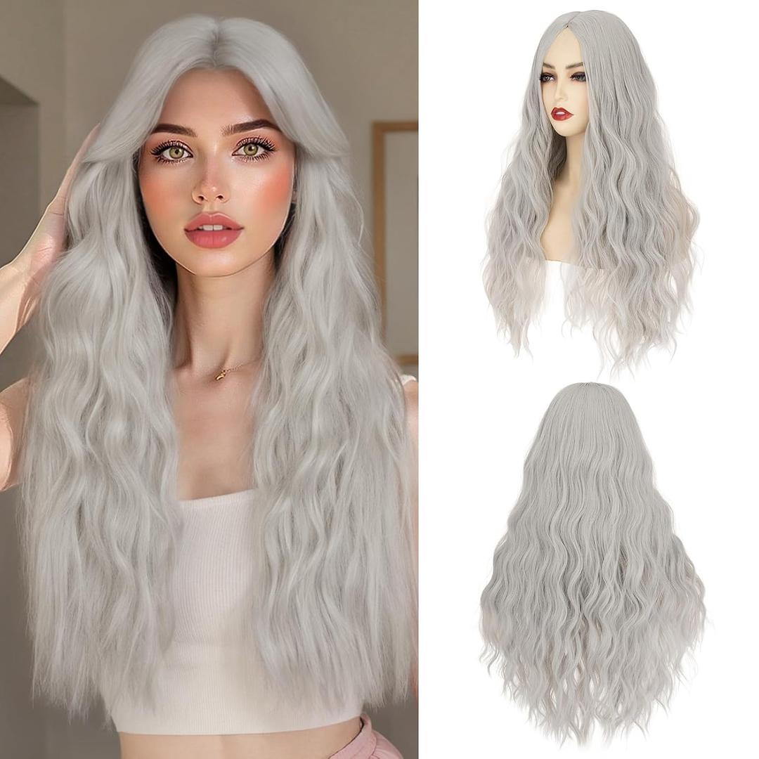 S-noilite Long Wavy Wig 24inch Grey Long Wigs for Women Middle Part Natural Looking Synthetic Wigs for Cospaly Daily Use