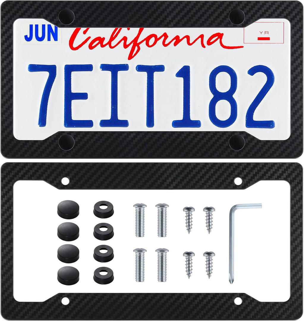Alpmosn 2PCS Black Carbon Fiber License Plate Frames, Car Tag Cover with Fasteners and Screws, Car Exterior Accessories, 4 Hole Universal License Plate Holders for U.S. Vehicles