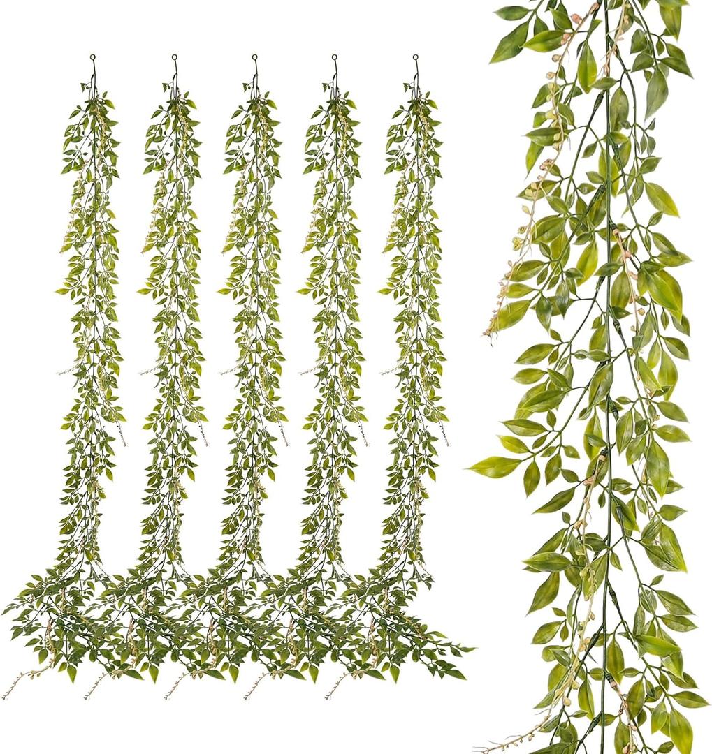 6 Pack 5.57ft Artificial Greenery Garland for Table, Faux Willow Leaf Garland for Room Decor, Green Garlands for Decoration, Fake Vines Hanging Plants for Home Bedroom Wall Wedding Decor-043