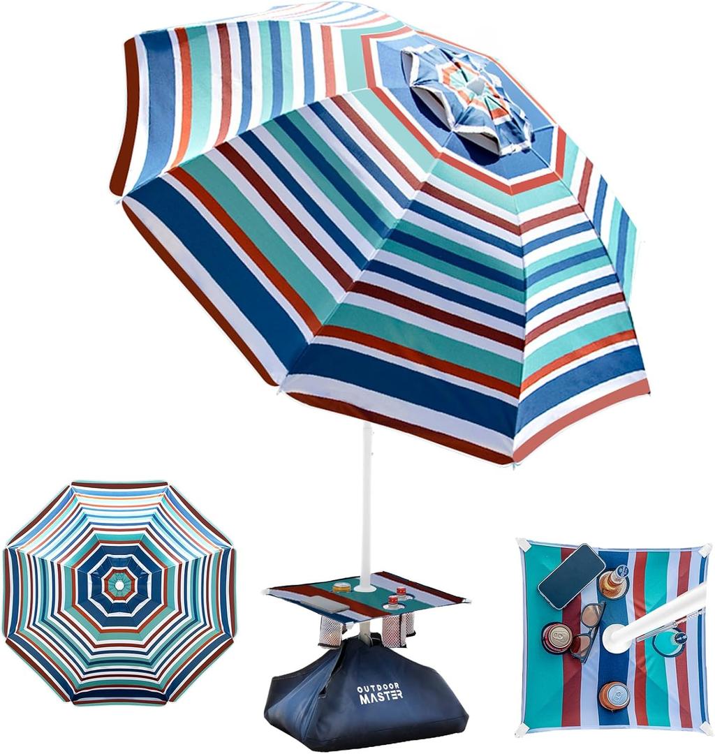OutdoorMaster Beach Umbrellas with Sandbag & Anchor with 4 Cup Holder, 6.5ft Adjustable Umbrella for Beach Heavy Duty Wind, Portable UPF50+ Sunshade with Carry Bag for Patio, Blue Red with Cup Holder