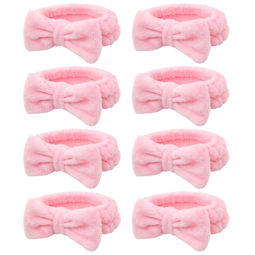 Semato 8 Pcs Pink Spa Headband for Washing Face and Makeup Bridesmaid Proposal Gifts for Women Coral Fleece Skincare Headbands Elastic Bow Head