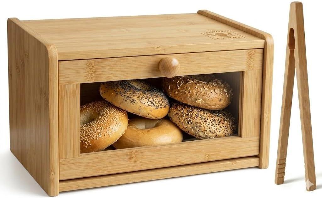 Chirons Pantry Bread Box with Clear View Window, Premium Bamboo Bread Storage for Kitchen Countertop, Farmhouse Organizer with Lid for Brioche, GlutenFree Loaves and Everyday Baked Goods