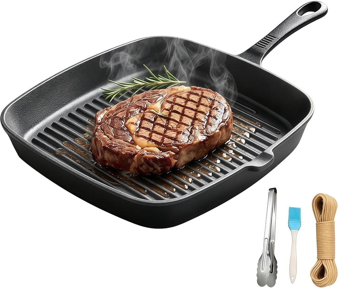 Cast Iron Grill Pan, 9.5 inch Square Grill Pan Skillet with Pour Spout, Cast Iron Griddle Pan with Small Meat Tong, Oil Brush & Hemp Rope for Stove Tops, Gas, Induction, Grill, Campfire, Oven Safe