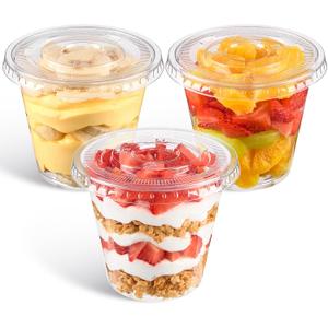 Qeirudu 100 Pack 9 Oz Clear Plastic Dessert Cups with Flat Lids No Hole, Small Parfait Cups Mini Round Party Serving Cups for Cakes, Snacks, Fruits, Ice Creams