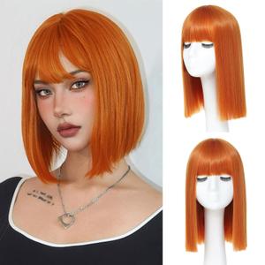 Orange Bob Wig With Bangs - Heat Resistant 14Inch Synthetic Hair, Short Straight Shoulder Length Natural-Looking Cosplay Wig for Daily Use, Parties & Women Girls