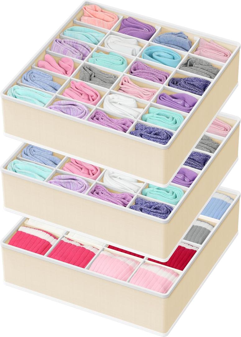 Simple Houseware Sock Drawer Organizer for Dresser/Closet/Bedroom, 3 Pack, Beige