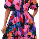 BTFBM Women Summer Floral Short Dresses V Neck Short Sleeve Tiered Ruffle Boho Swing Dress A-Line Mini Dresses, Large