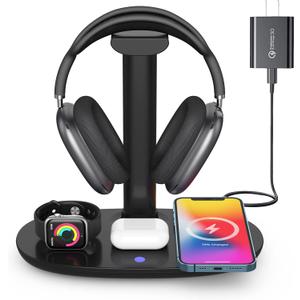 Headphone Stand with 15w Wireless Charger, Suguder 4 in 1 Charging Station Headset Holder for AirPods Max/Pro/4/3/2 iWatch 10/9/8/7/6/5/4/3/2/1/SE iPhone 17/16/15/14/13/12/11/X for Desktop Table Game