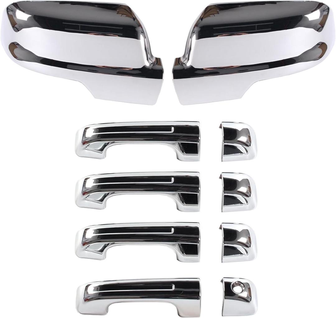 AUCERAMIC Chrome Mirror Cover Caps + Door Handle Covers Without Smart Keyholes Fit for 2019-2024 Ram 1500 4-Door Extended/Crew Cab Models Only