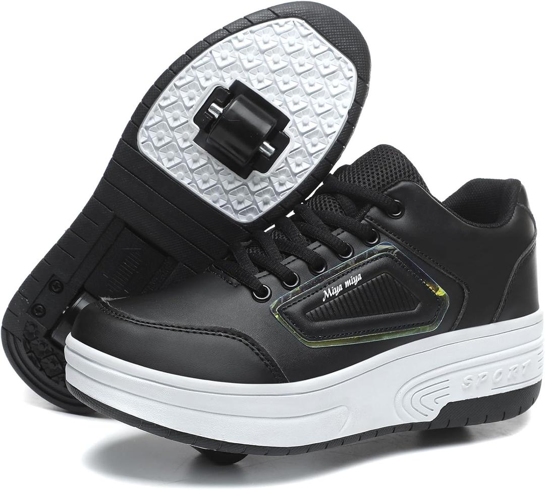 LED Roller Skate Shoes for Kids Boys Girls Light Up Roller Sneakers with Detachable Wheels Rechargeable Flashing Wheeled Shoes (12 Little Kid, Black-999)