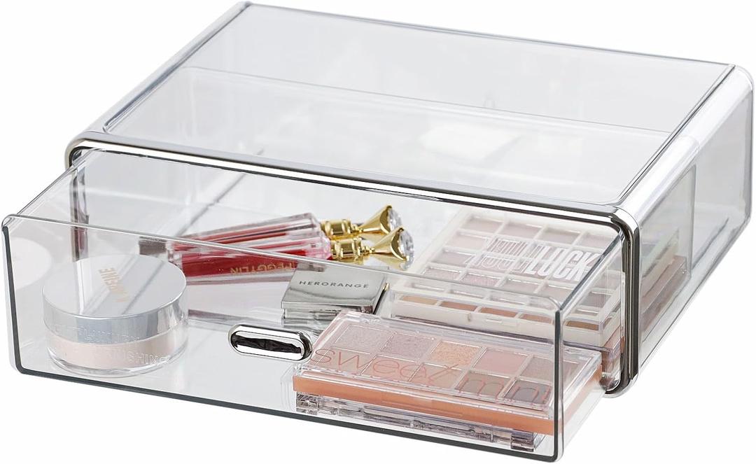 Clear Plastic Storage Drawer for Dresser Bathroom Tabletop Desktop Vanity Organizer, Transparent Sturdy Stackable 1-Drawer Organizer, 10.8×7.6×3.5 Inches