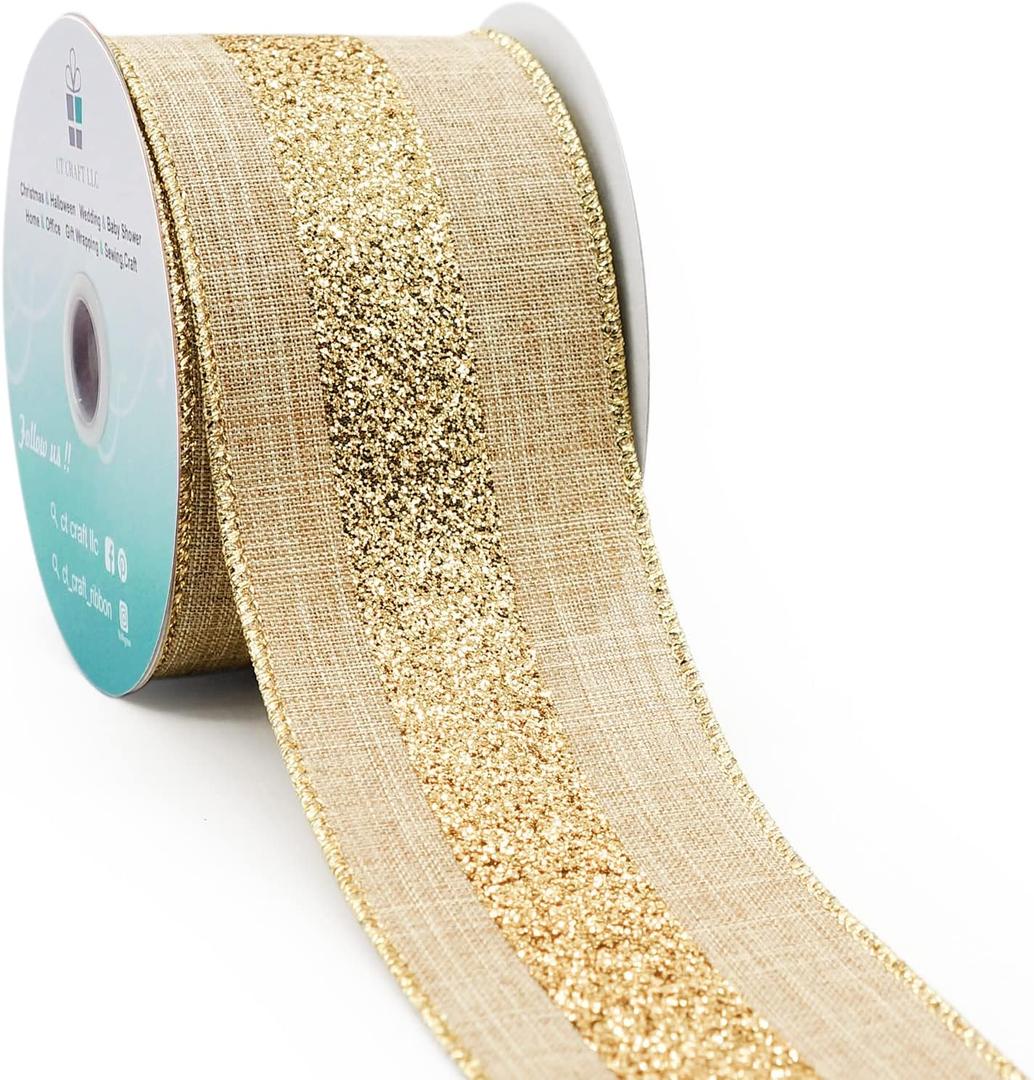 CT CRAFT LLC Tan Faux Jute Burlap with Gold Glitter Stripe Wired Ribbon 2.5 in x 10 YDS for Christmas Home Decor Tree Topper Bow Gift Wrapping DIY Crafts Wreath Garland Wedding