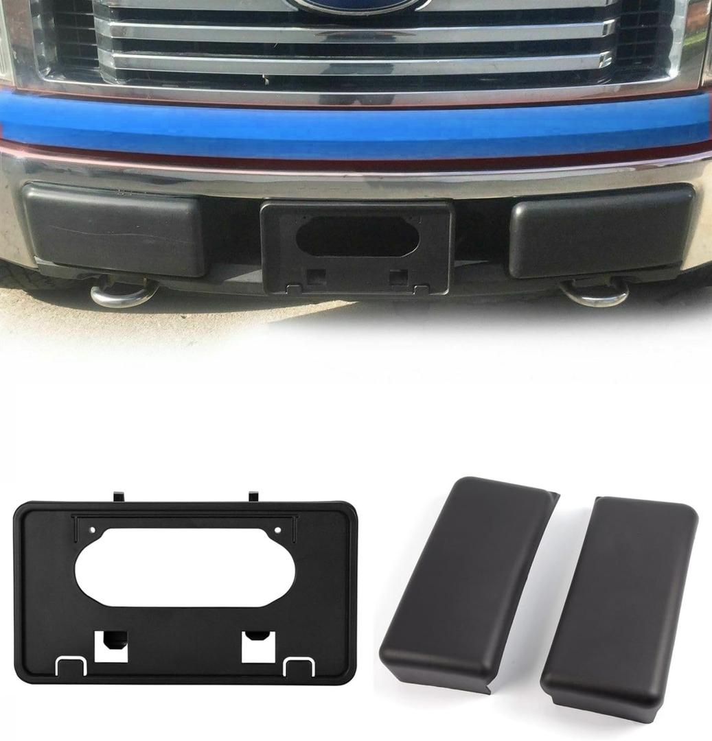 Front Licenses Plate Frame Bracket & Bumper Guards Pads Cover Caps Set Compatible with Ford F-150 2009-2014, 3PackExclude Harley Edition, SVT and Ecoboost