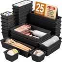 KEMETHY 25 PCS Plastic Drawer Organizers Set, 4 Sizes Vanity Organizer, Makeup and Desk Drawer Organizer Trays, Organization and Storage for Makeup, Bathroom, Kitchen Utensils and Office (Black)