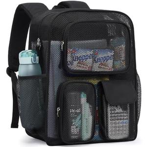 PACKISM Mesh Backpack for School - 17 Inch Large Heavy Duty Mesh Bookbag for Boys Girls, See Through School Backpack with 3 Front Pockets for Students, Black (Age 12+)