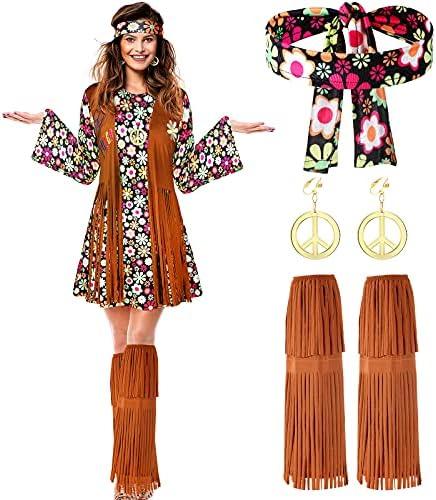 SATINIOR 70s 60s Hippie Costume Set 70s Outfits Accessories for Carnival Party Halloween Women Disco Dress S (Dress Only)