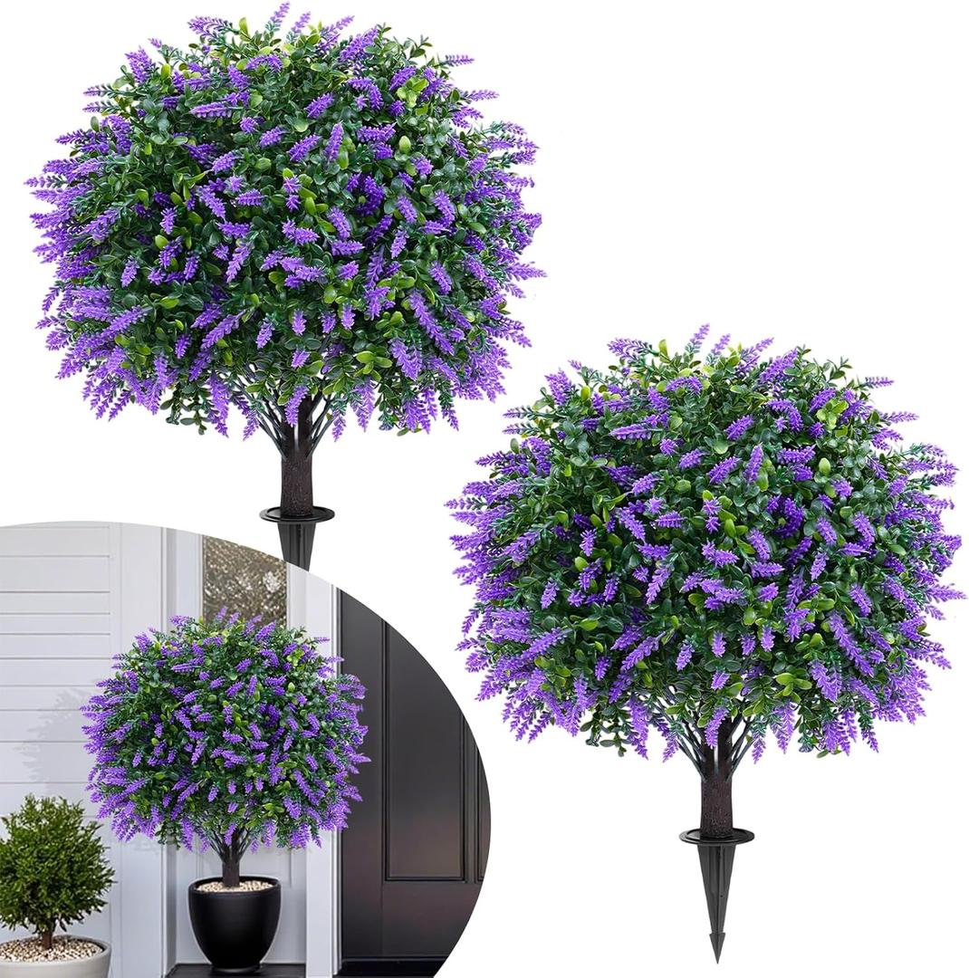 25.6" Artificial Topiary Ball Trees with Lavender, 2 Pack Artificial Shrubs Bushes with Ground Spike, Fake Plants for Outdoor Front Porch Decor UV Resistant